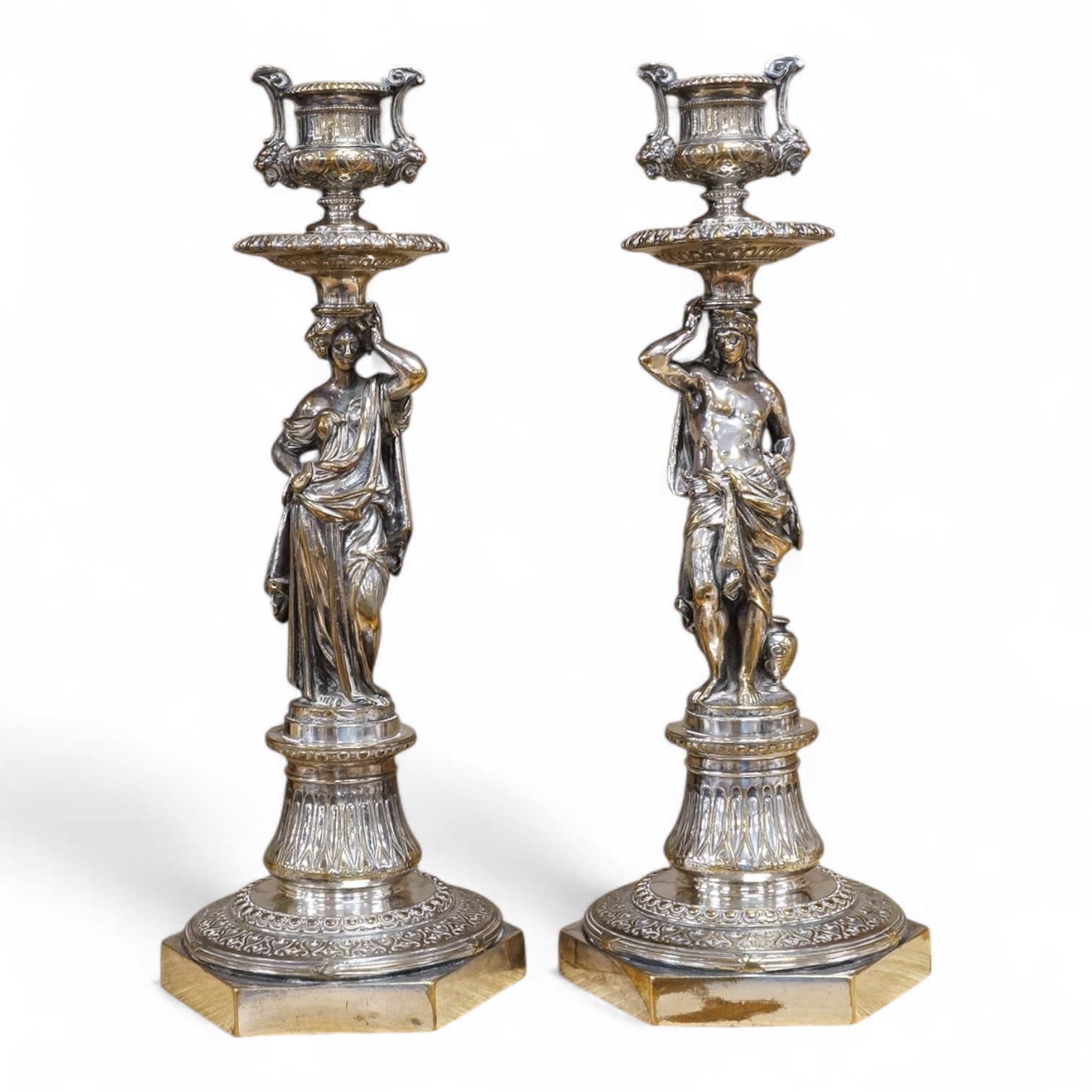 A pair of Elkington electro-plated bronze figural candlesticks c.1860, numbered 369, 29cm high